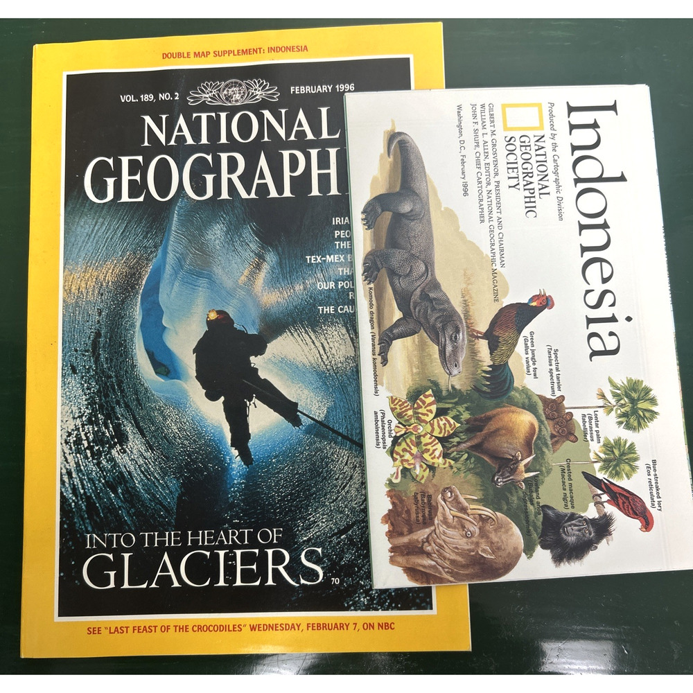 National Geographic Magazine With Map February 1996 Glaciers Irian Jaya Tex-Mex